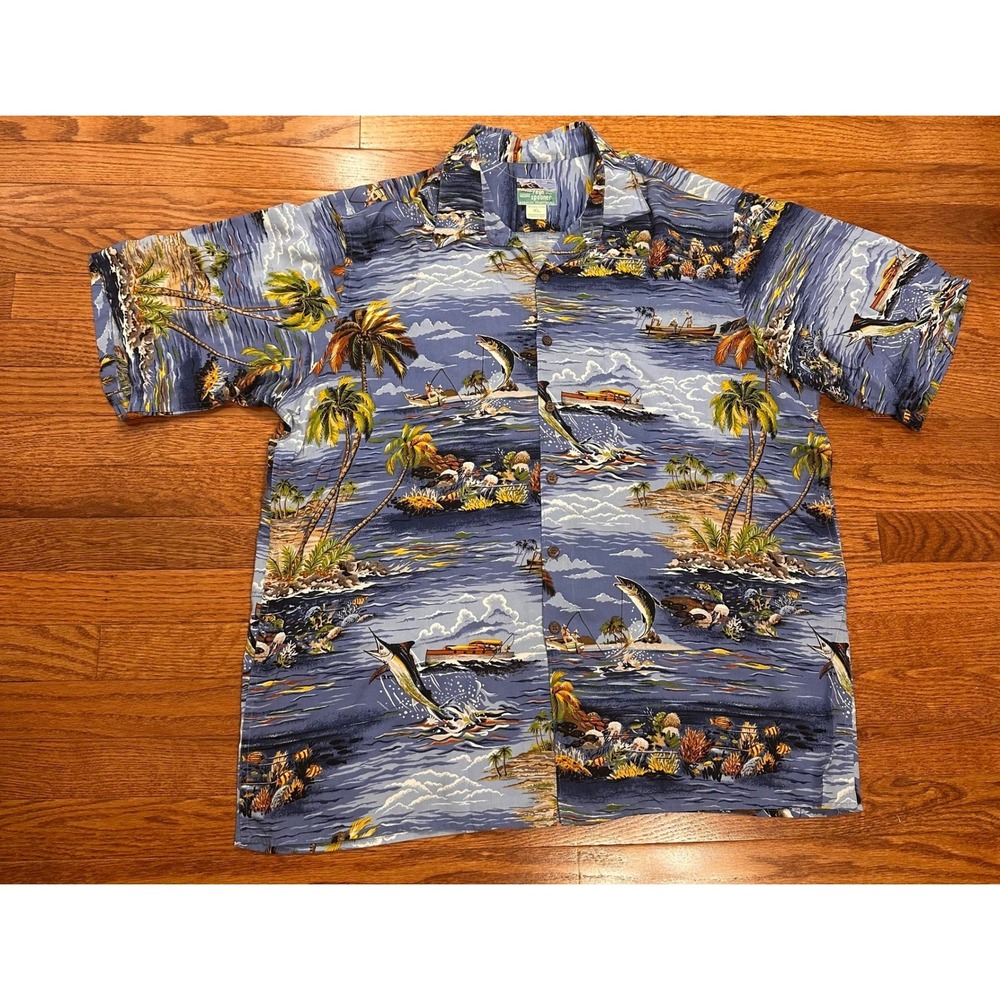 Vintage Reyn Spooner Hawaiian Shirt Mens XL Blue Marlin Deep Sea Fishing Rayon